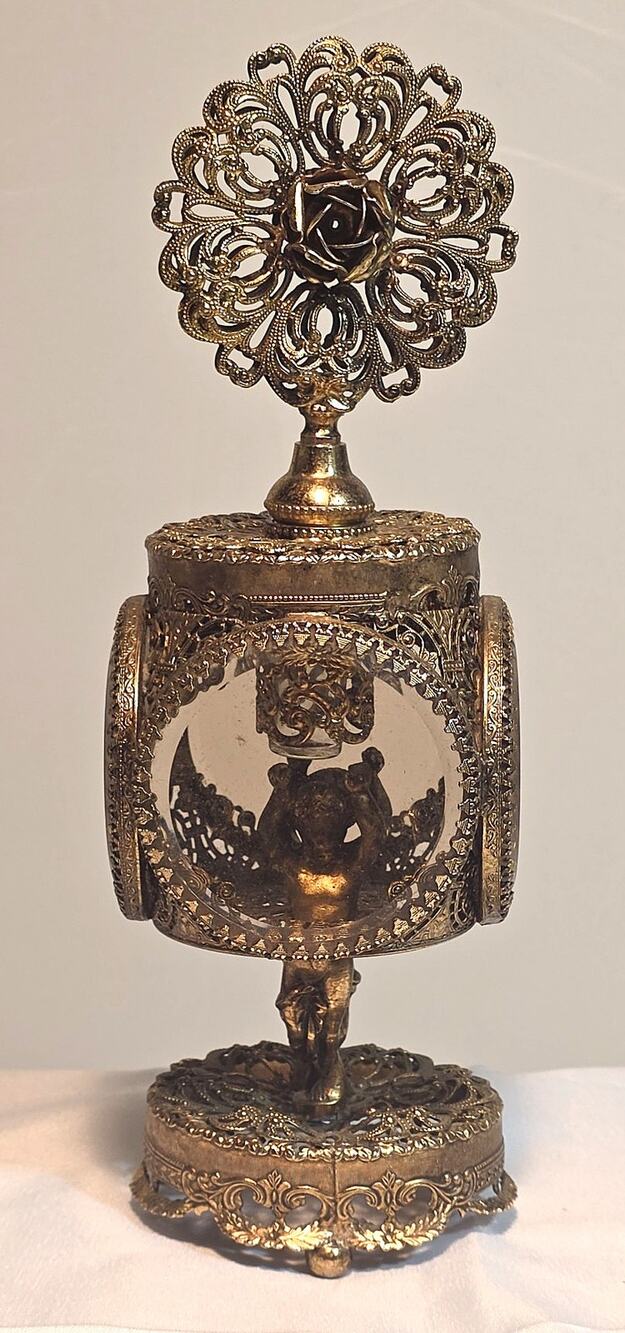 Vintage Ormolu Gold Filigree Perfume Bottle Double Cherubs Glass Dauber